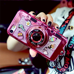 ミラー付き iphone8ケース カメラ型 濃いピンク