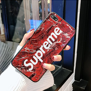 Supreme iphonexケース 背面ガラス 大理石柄 レッド